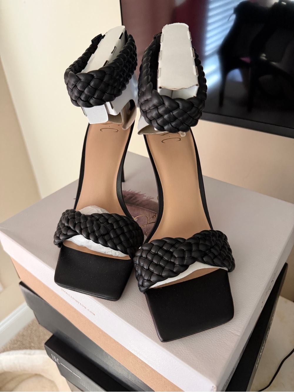 INC International Concepts Black Braided-Ankle Strap High Heel Sandals